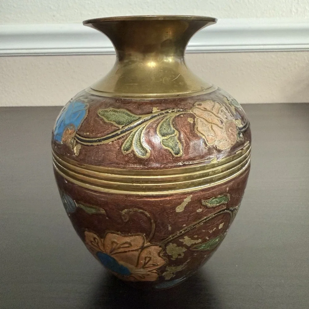 Vintage Brass Vase Floral‎ Design Enameled Hand Painted Flowers India Bud Vase